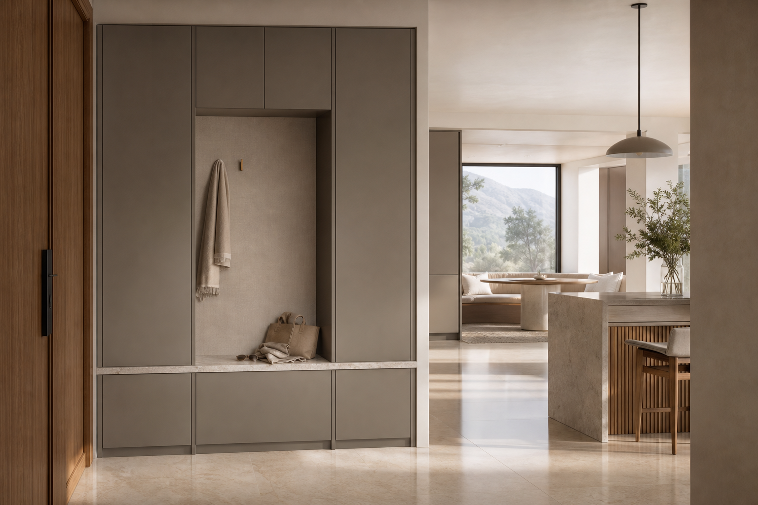 Fadior Loggia Entryway Suite with Silent Appliance Drop Zone — lifestyle setting with natural light and residential styling