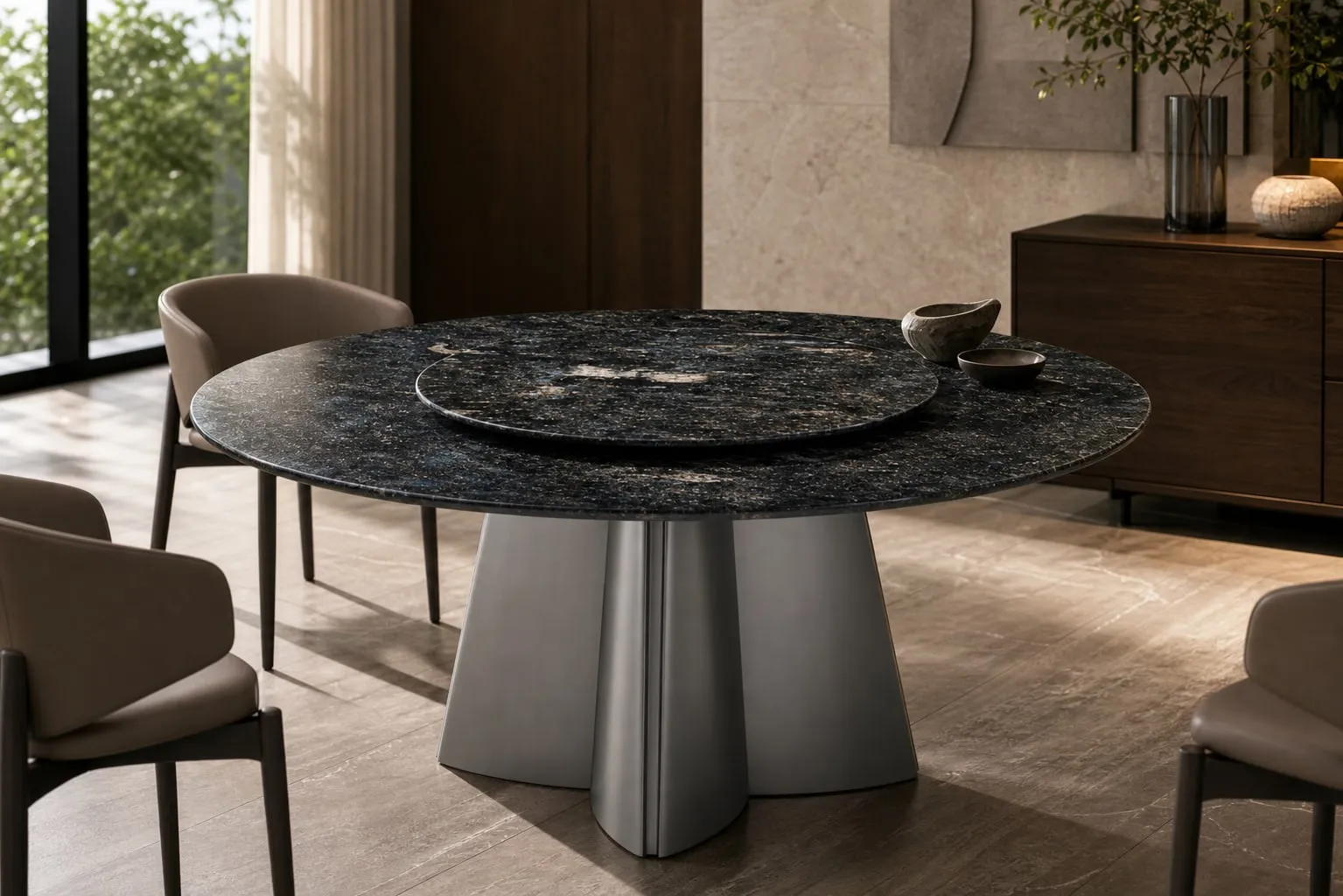 Conical-Pedestal Marble Dining Table Ø150+Ø90 cm