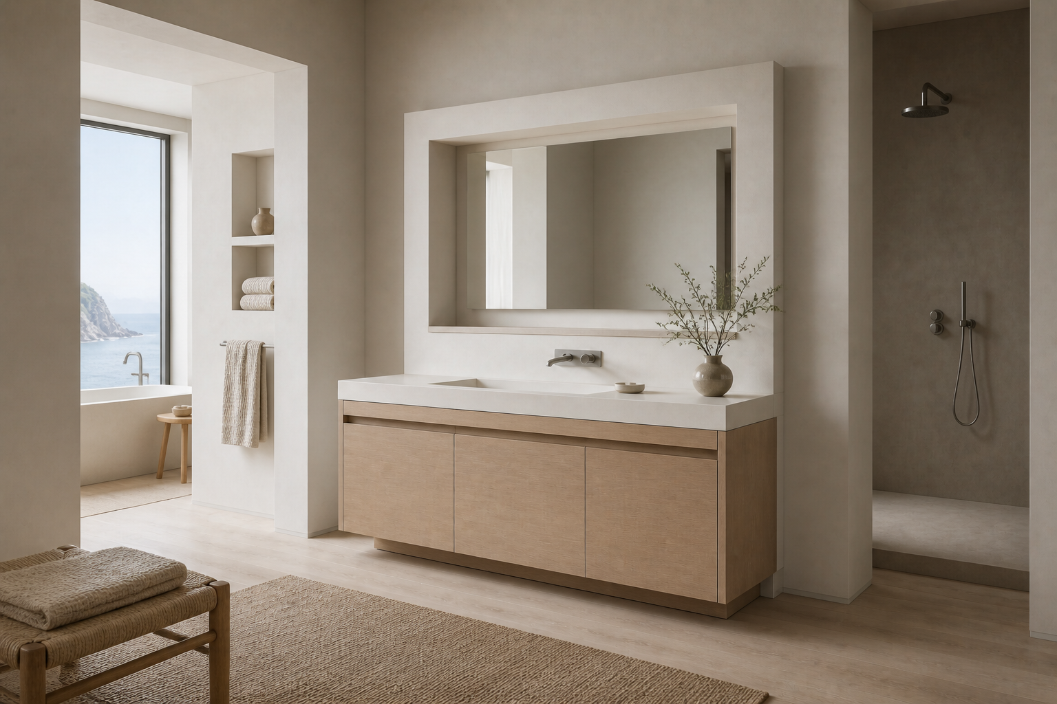 Fadior Voyage Bath Vanity Suite with Foundry Pull Wash Console — interior room context showing cabinet integration