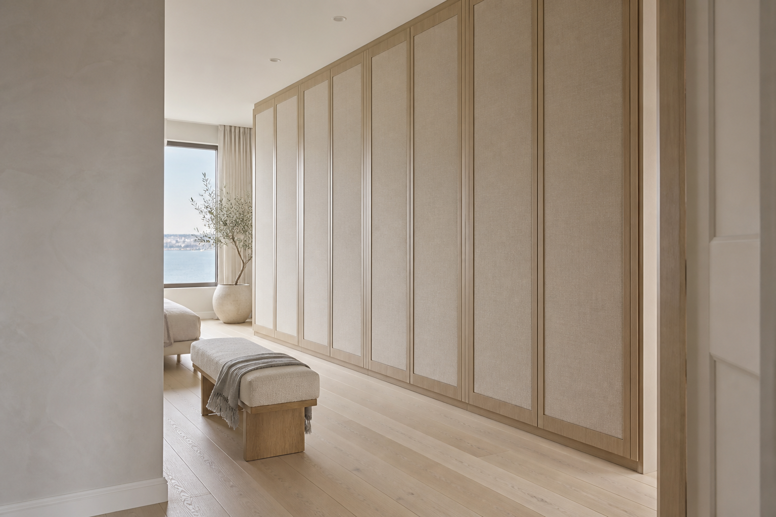 Fadior Eclipse Wardrobe Suite with Courtyard Linen Dressing Arcade — interior room context showing cabinet integration