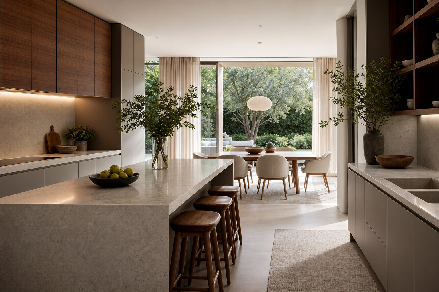 Italian kitchen and dining context with garden daylight, warm wood, pale stone, and practical luxury planning.