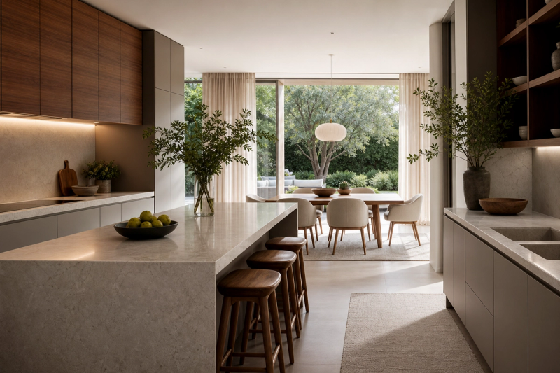 Italian kitchen and dining context with garden daylight, warm wood, pale stone, and practical luxury planning.