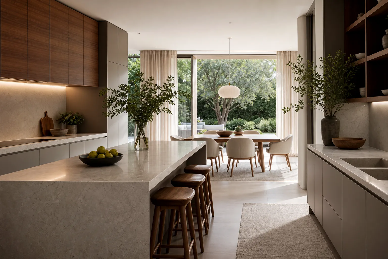 Italian kitchen and dining context with garden daylight, warm wood, pale stone, and practical luxury planning.