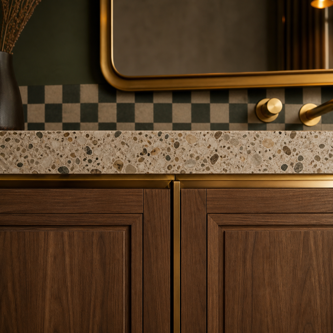Fadior Nacre Bath and Vanity Suite with Panel-Ready Grooming Console — close-up of stainless steel finish and hardware detail