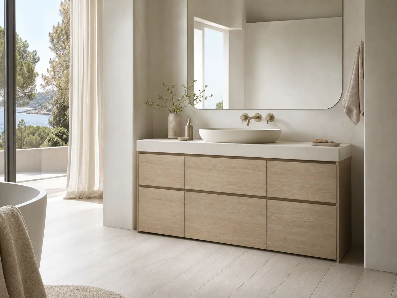 Fadior Nacre Bath and Vanity Suite with Pearl Sill Basin Console - waterproof 304 stainless steel bath vanity with mirror storage, moisture-resistant finishes, and grooming storage
