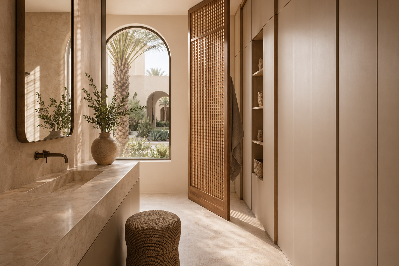 Fadior Dubai Garden Courtyard Villa — vanity counter, wardrobe wall, timber screen, palm window