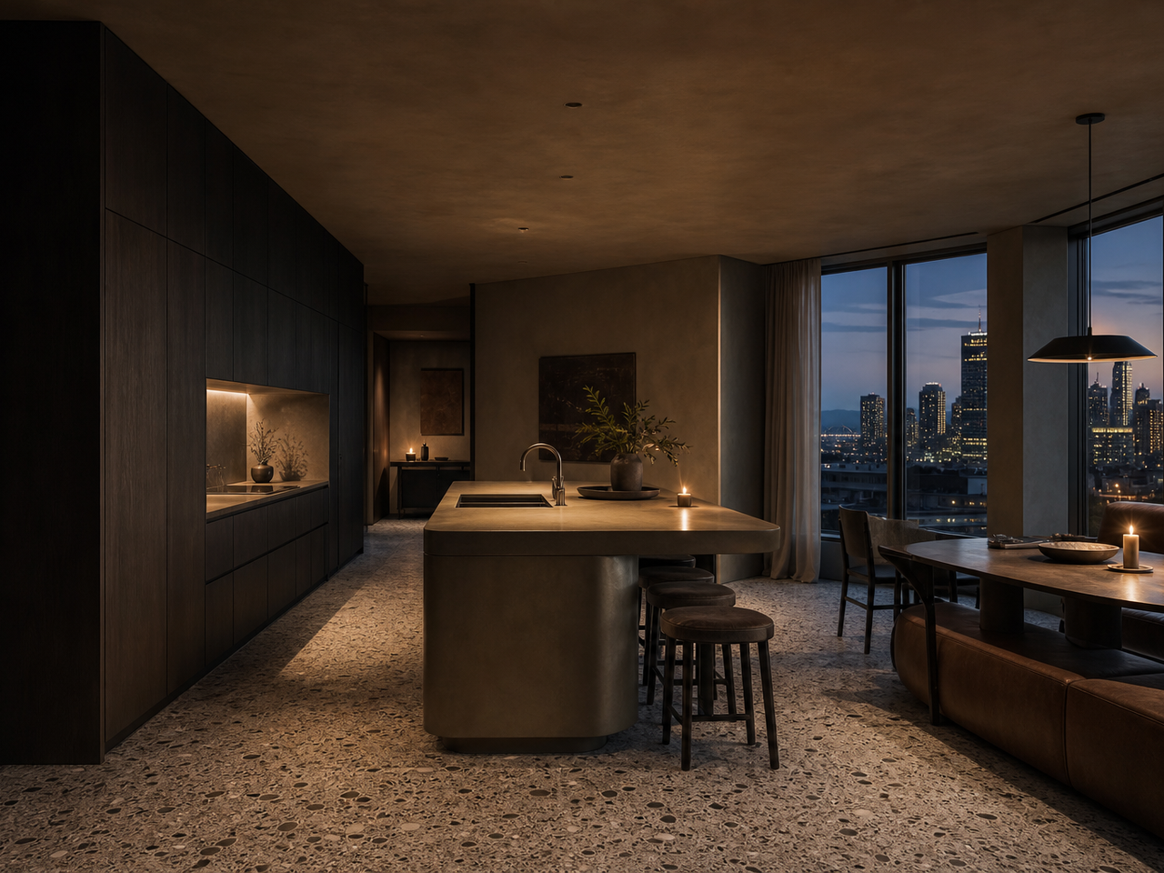 Fadior Brisbane 180 sqm Kitchen Penthouse — kitchen island, smoked oak wall, city window, terrazzo floor, leather banquette — 304 stainless steel cabinetry installation by Fadior