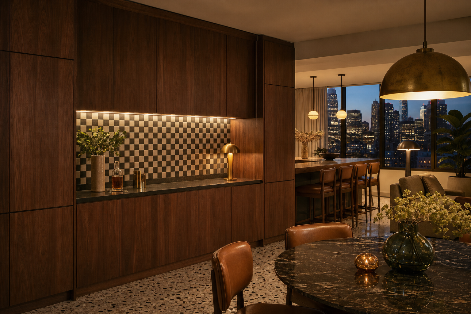 Fadior Forge Kitchen Suite with Walnut Checkerboard Prep Wall — interior room context showing cabinet integration