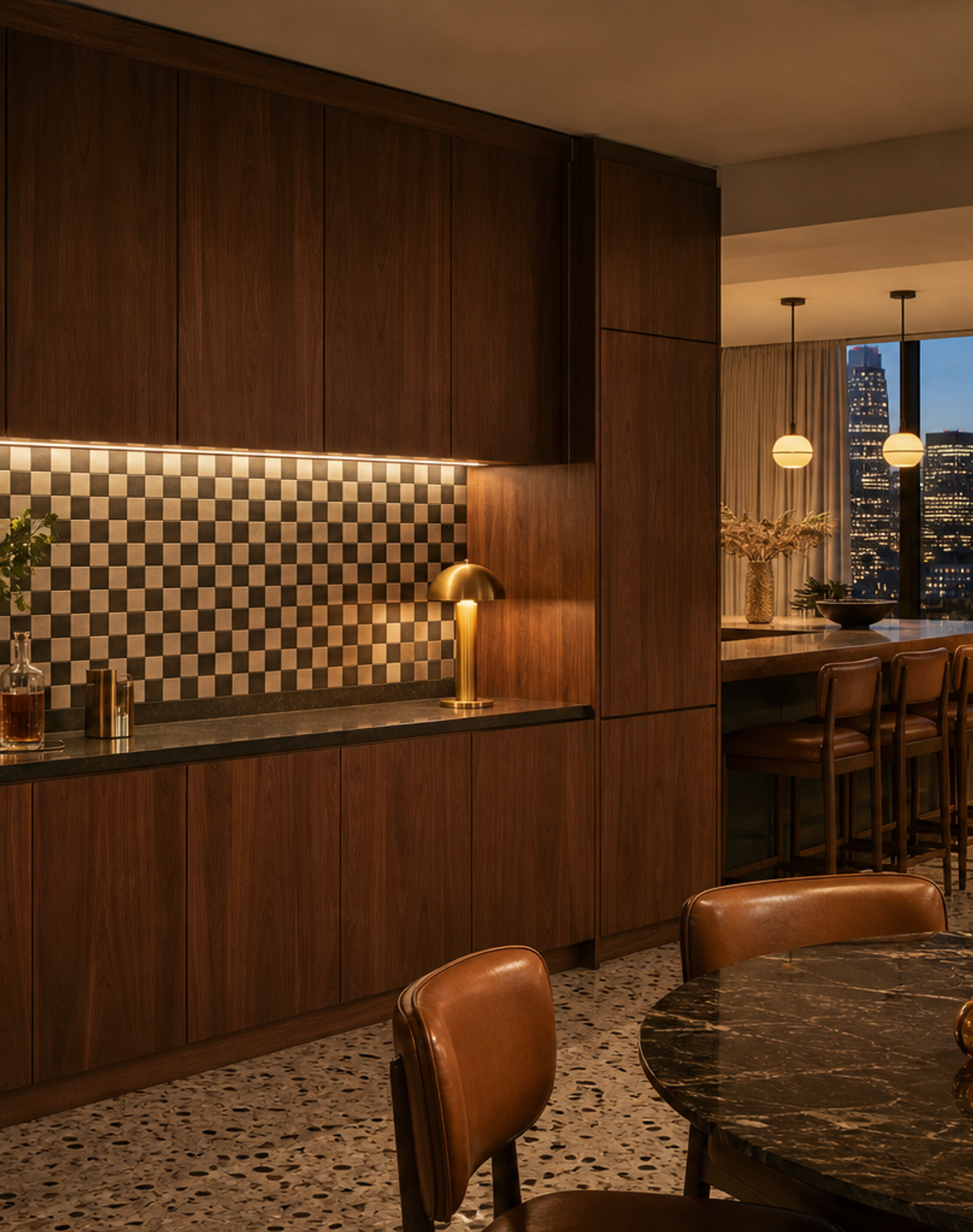Fadior Forge Kitchen Suite with Walnut Checkerboard Prep Wall — interior room context showing cabinet integration
