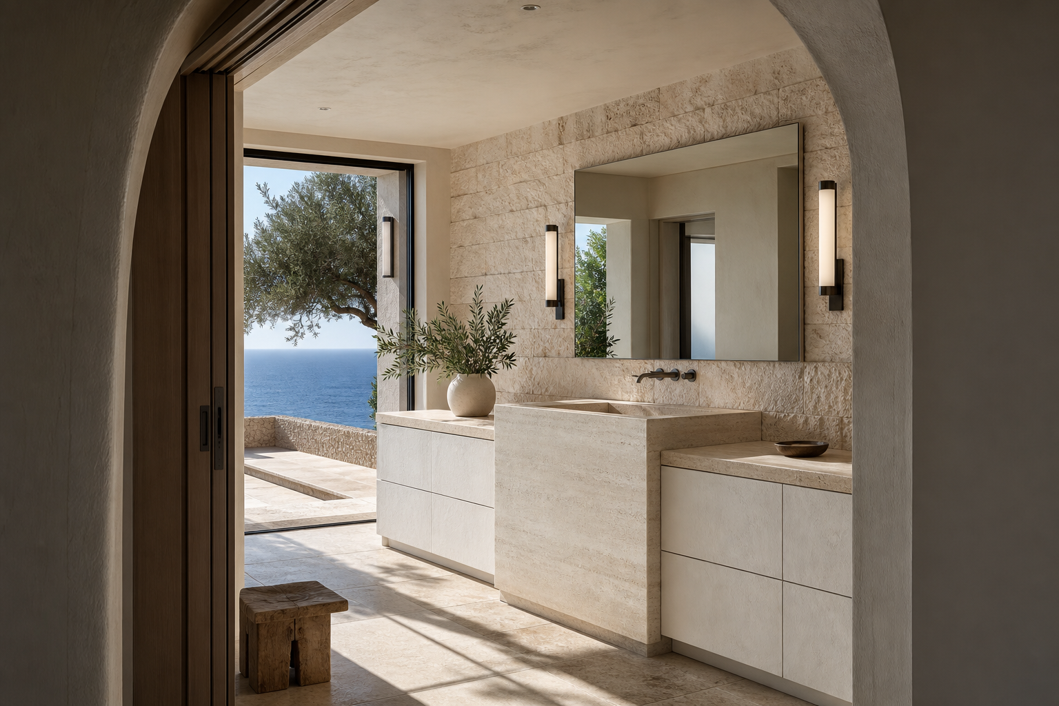 Fadior Verve Bath and Vanity Suite with Whitewashed Basin Pilaster — interior room context showing cabinet integration