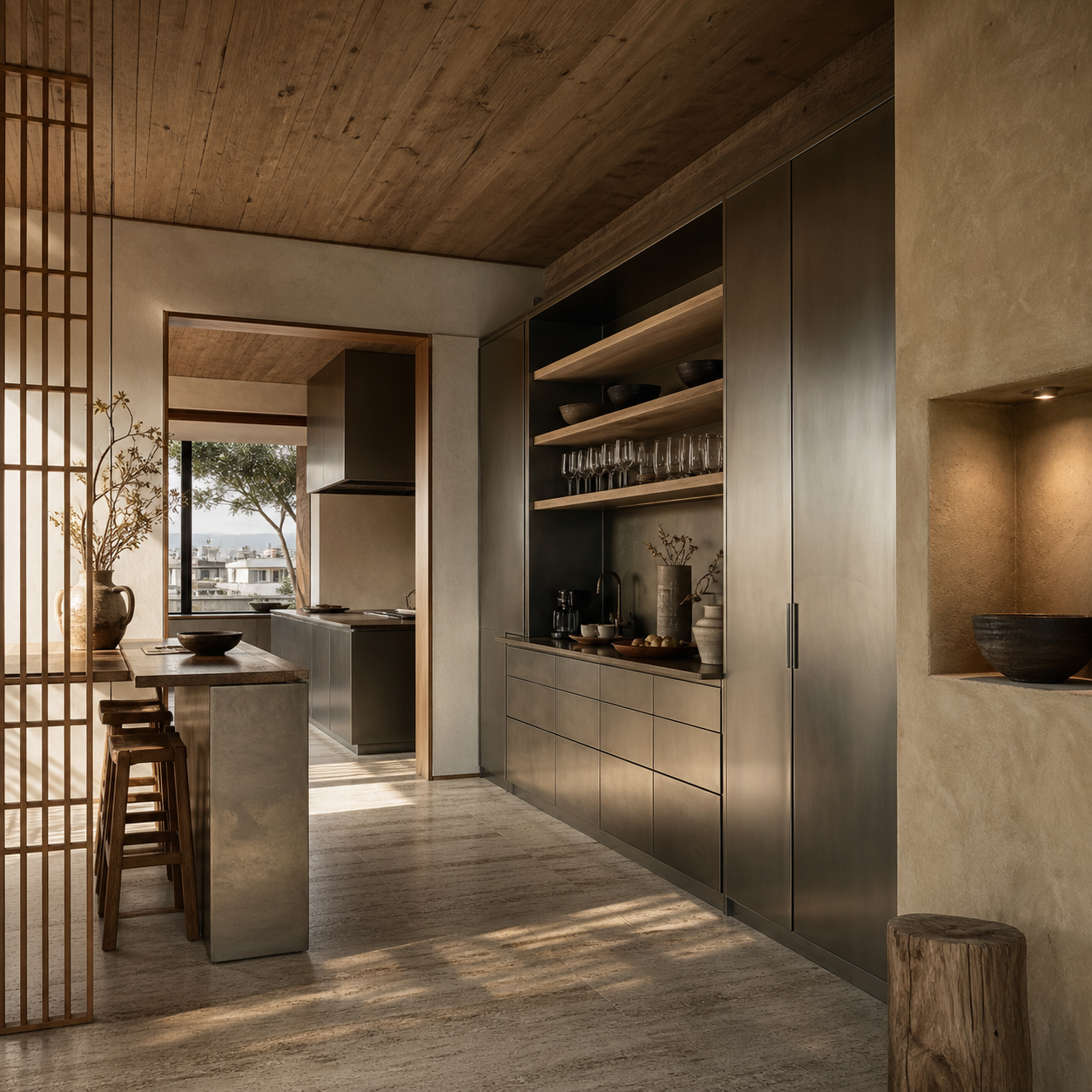 Fadior Budapest 125 sqm Kitchen Penthouse — Pantry wall with cypress cabinet, travertine shelf, plaster niche, tile floor, and dining doorway