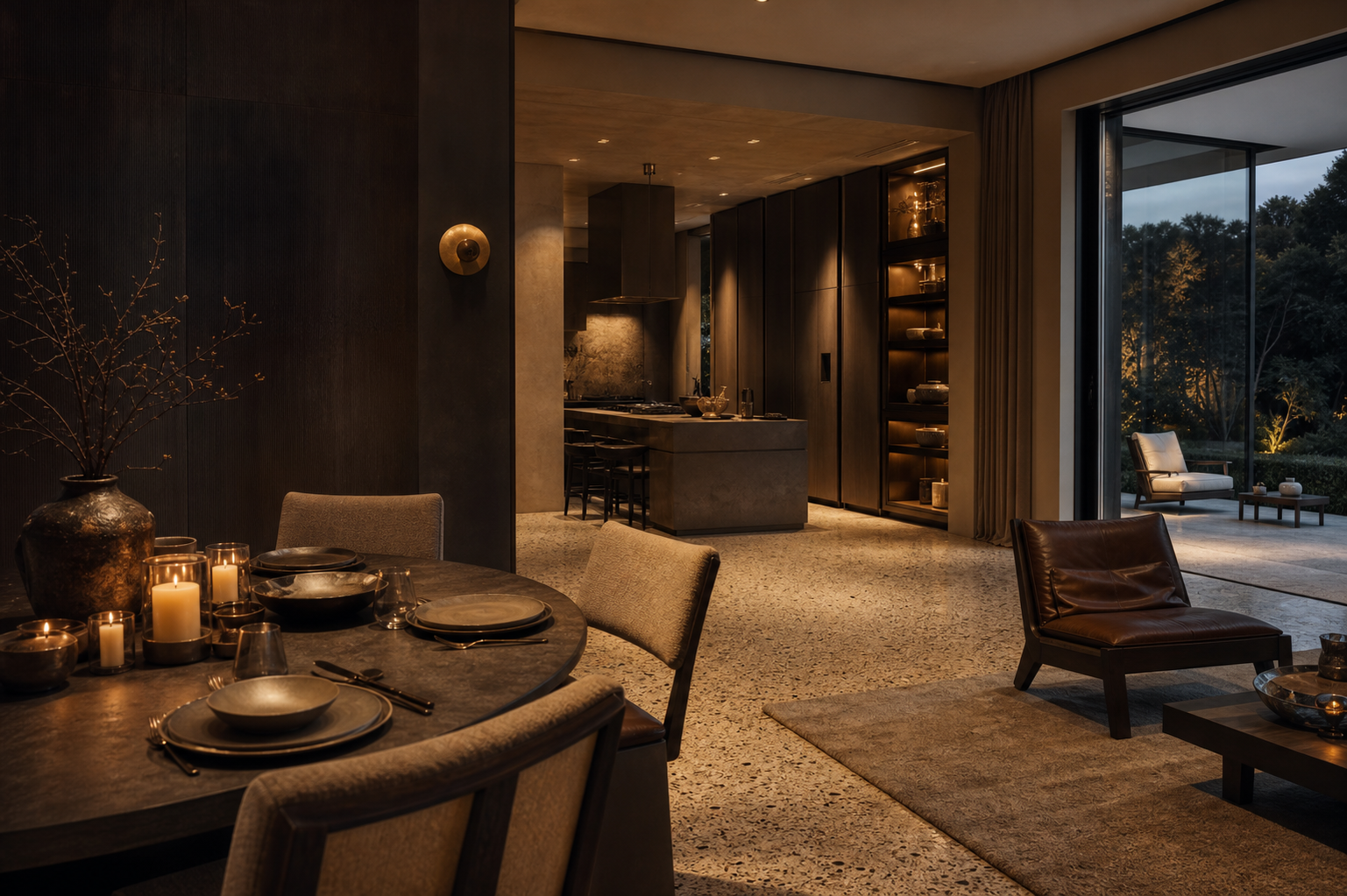 Fadior Budapest 450 sqm Kitchen Villa - dining table, island, leather seating, garden doors