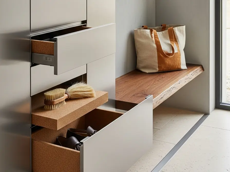 Fadior Archetype Entry Hall Cabinet - stainless steel entryway storage with shoe cabinet, bench seating, coat storage, console zone, and warm finishes