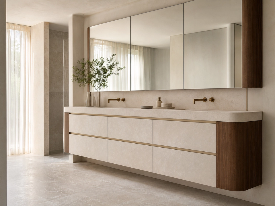 Fadior Nacre Bath and Vanity Suite with Pearl Vanity Axis — 304 stainless steel bath and vanity system, front view