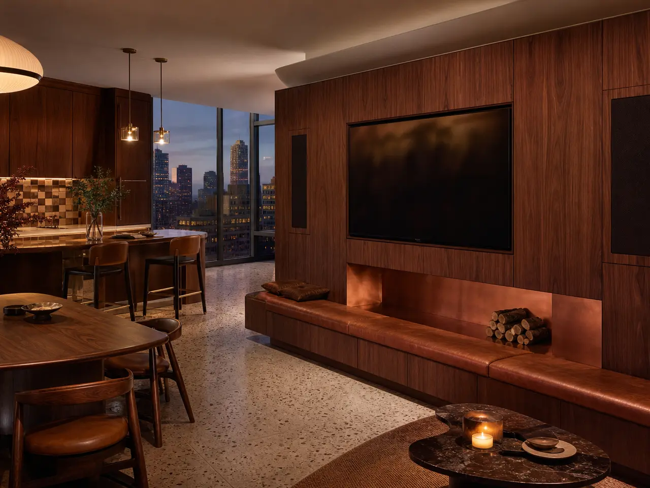 Fadior Galleria Living Room Suite with Copper Hearth Listening Wall - stainless steel living room cabinetry with media storage, display shelving, concealed devices, and residential finishes