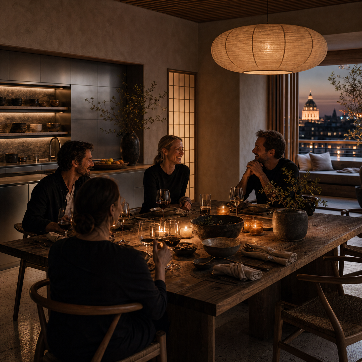 Fadior Budapest 125 sqm Kitchen Penthouse — Dining setting beside kitchen island, wood chairs, washi screen, planter, plaster wall, and city window