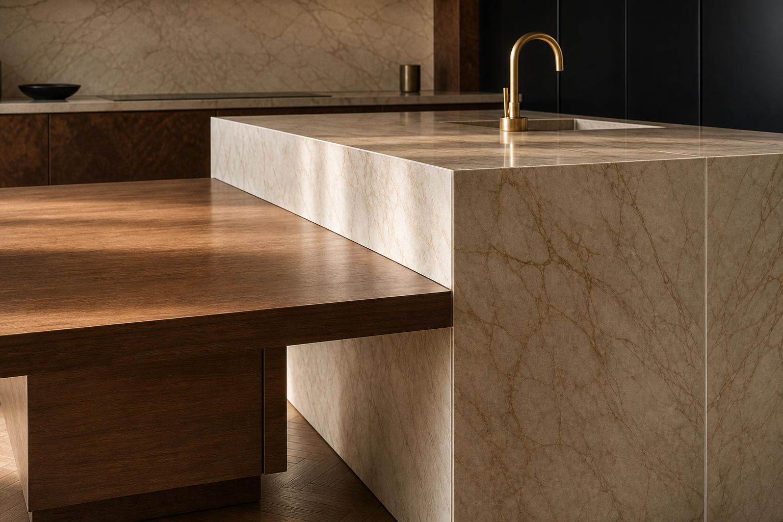 Fadior Pavilion Kitchen Suite with Bamboo Cantilever Island — close-up of stainless steel finish and hardware detail