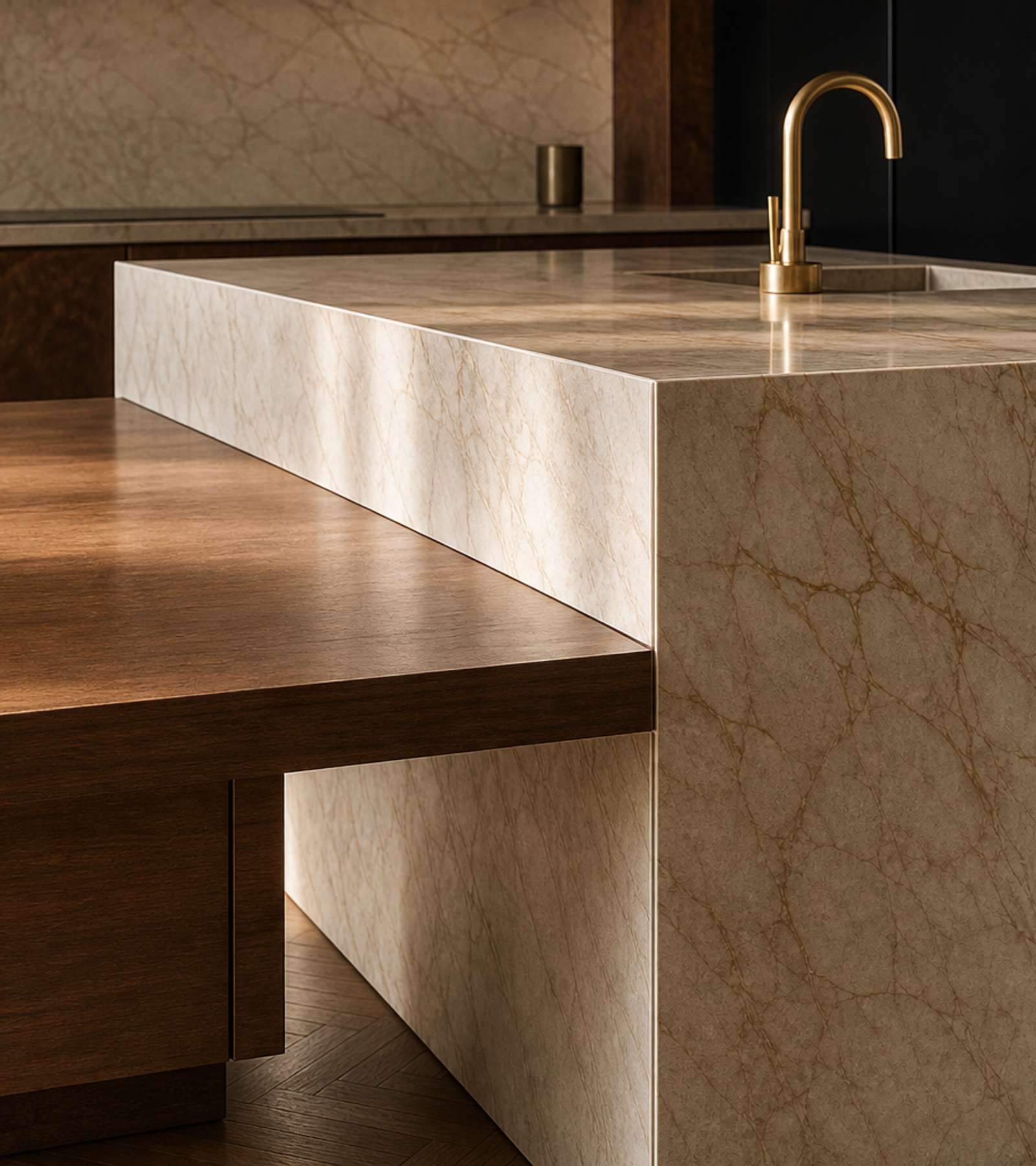 Fadior Pavilion Kitchen Suite with Bamboo Cantilever Island — close-up of stainless steel finish and hardware detail