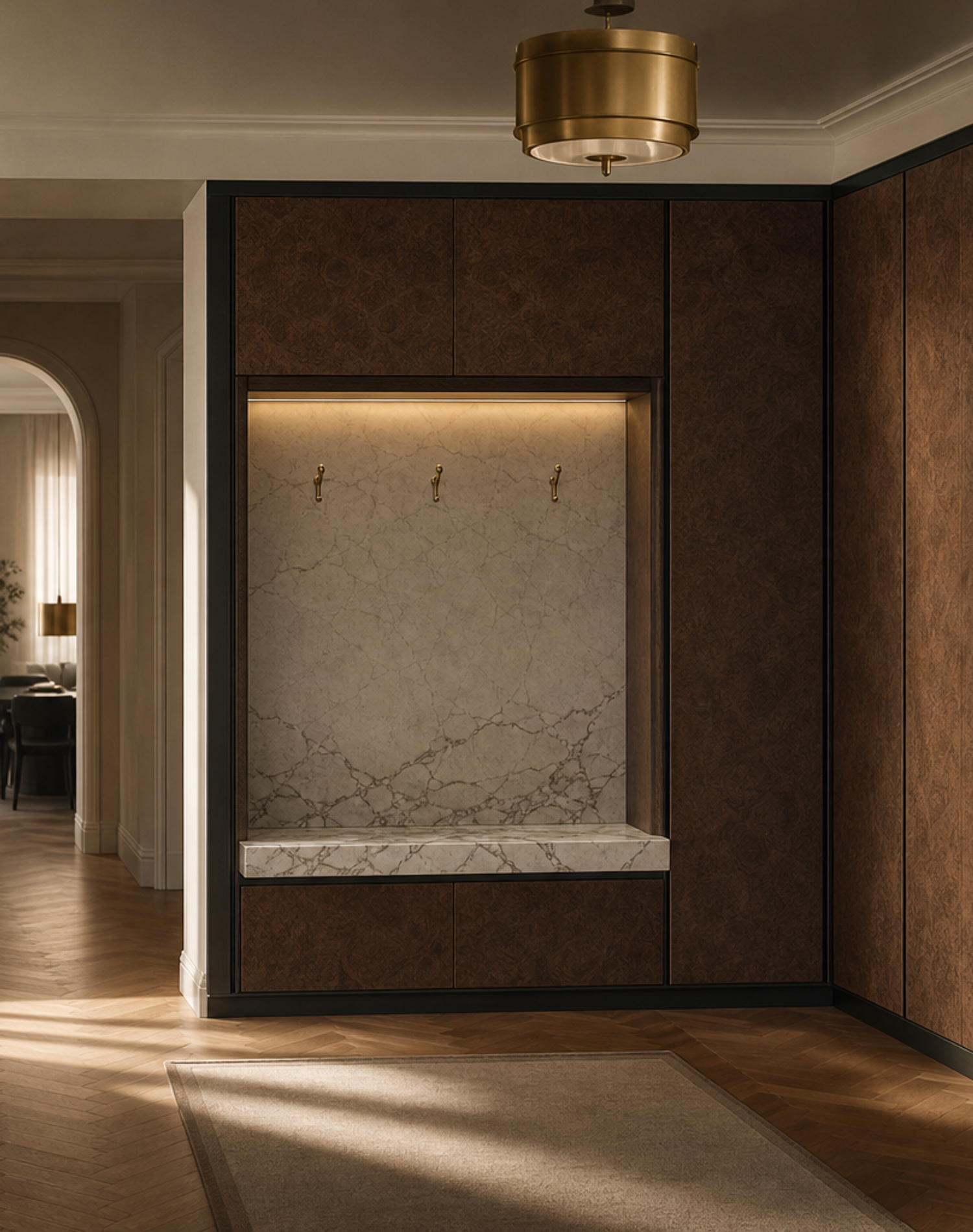Fadior Loggia Handle-Free Foyer Spine — interior room context showing cabinet integration