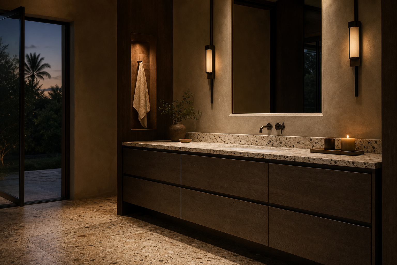 Fadior Solstice Bath and Vanity Suite with Dewpoint Edge Basin Console — lifestyle setting with natural light and