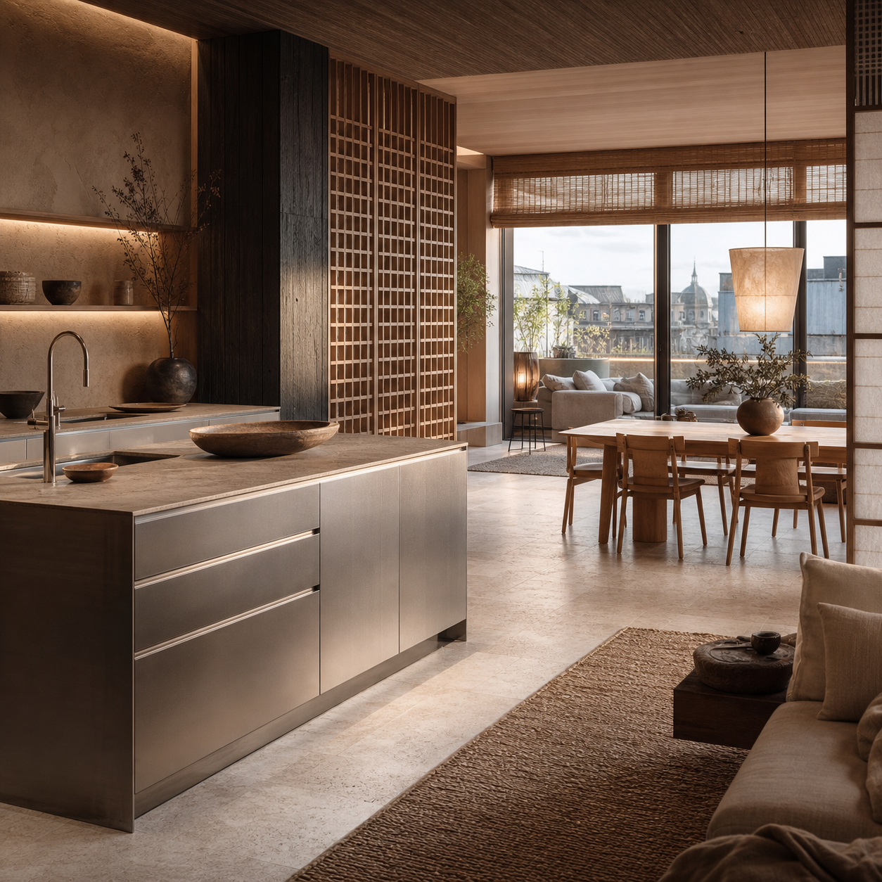 Fadior Budapest 125 sqm Kitchen Penthouse — Open kitchen with island, dining table, sofa, wood lattice, plaster wall, and rooftop window