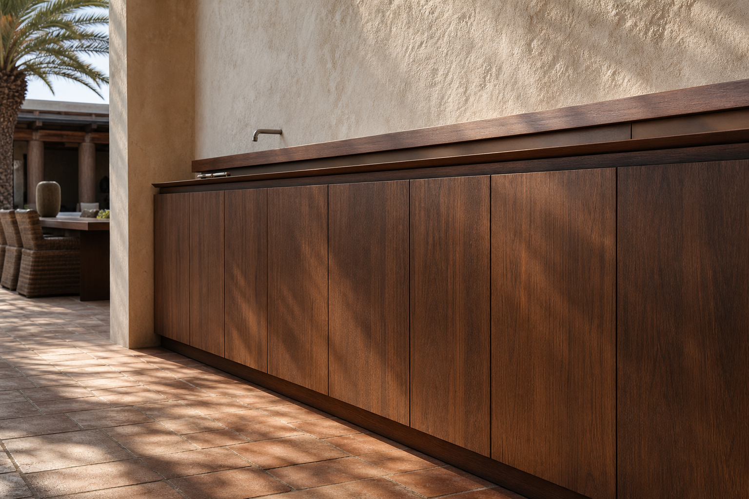 Fadior Dusk Balcony Suite with Canopy Tapline Aperitif Rail — close-up of stainless steel finish and hardware detail