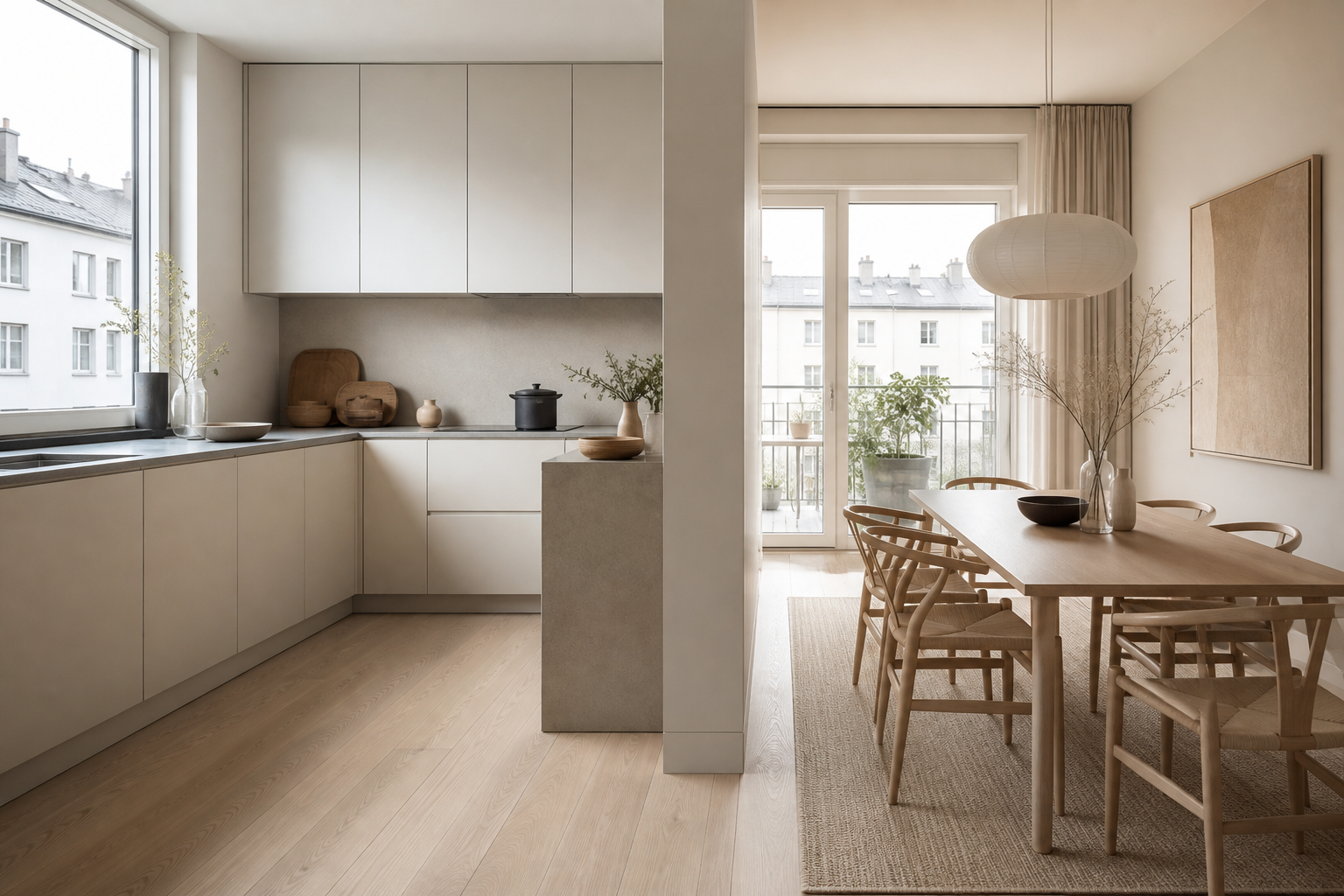 Kitchen decision comparison showing cool daylight and warm dining light across pale cabinet finishes.