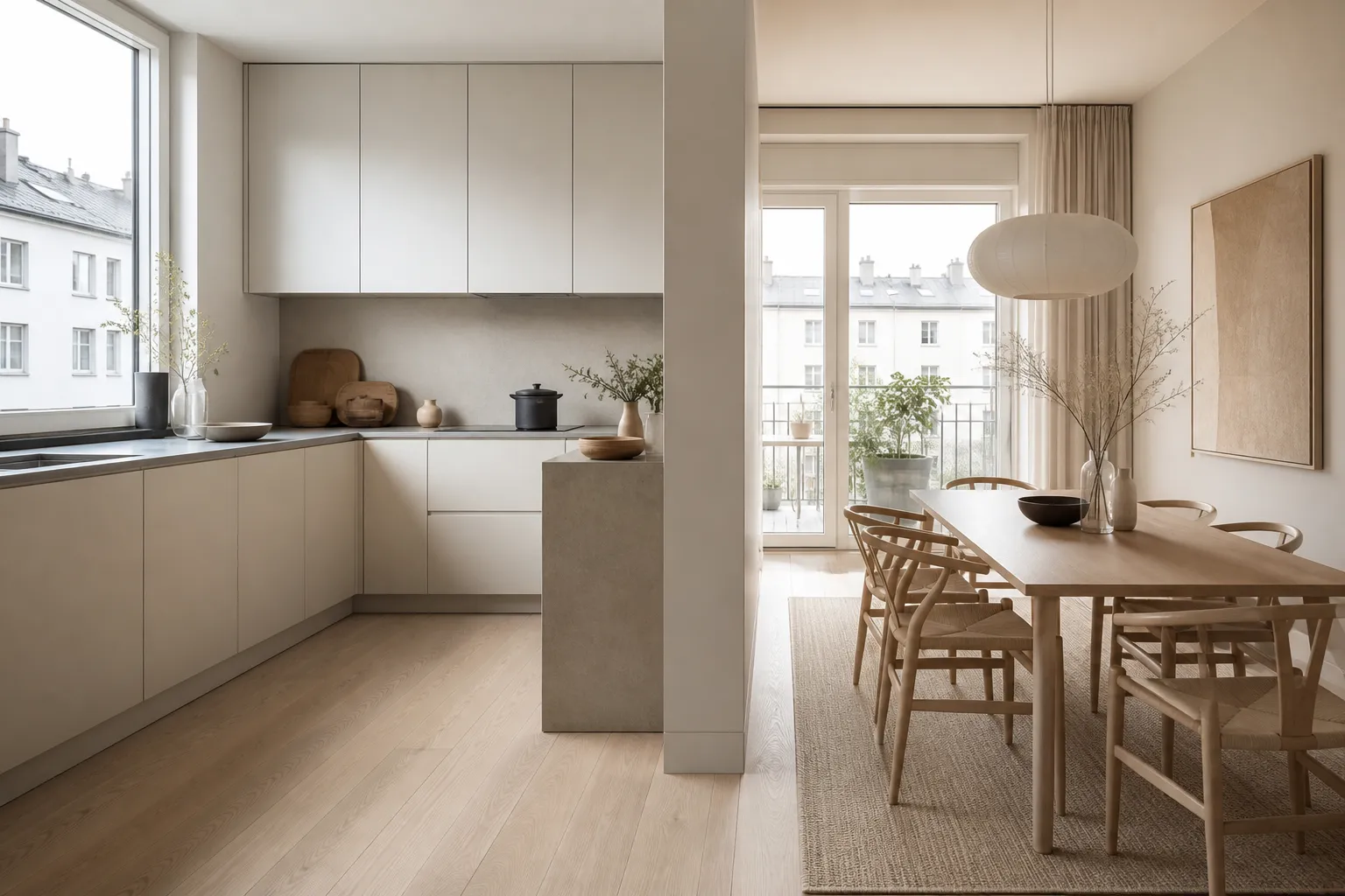Kitchen decision comparison showing cool daylight and warm dining light across pale cabinet finishes.