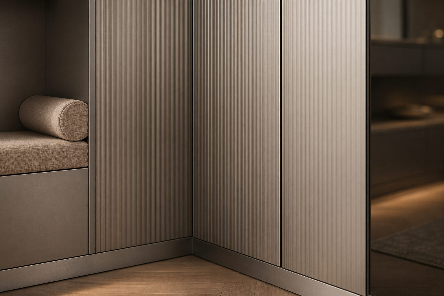Fadior Brera Wardrobe Suite with Fluted Corner Dressing Wall — close-up of stainless steel finish and hardware detail