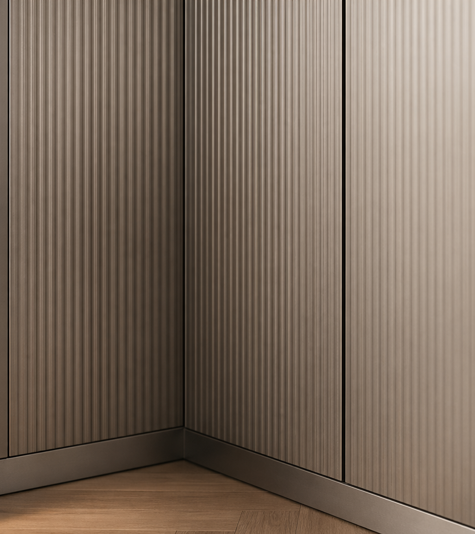 Fadior Brera Wardrobe Suite with Fluted Corner Dressing Wall — close-up of stainless steel finish and hardware detail