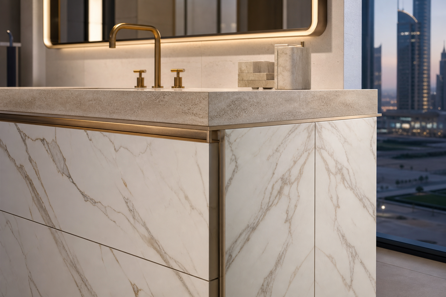 Fadior Nacre Bath and Vanity Suite with Sculpted Basin Side Return — close-up of stainless steel finish and hardware detail