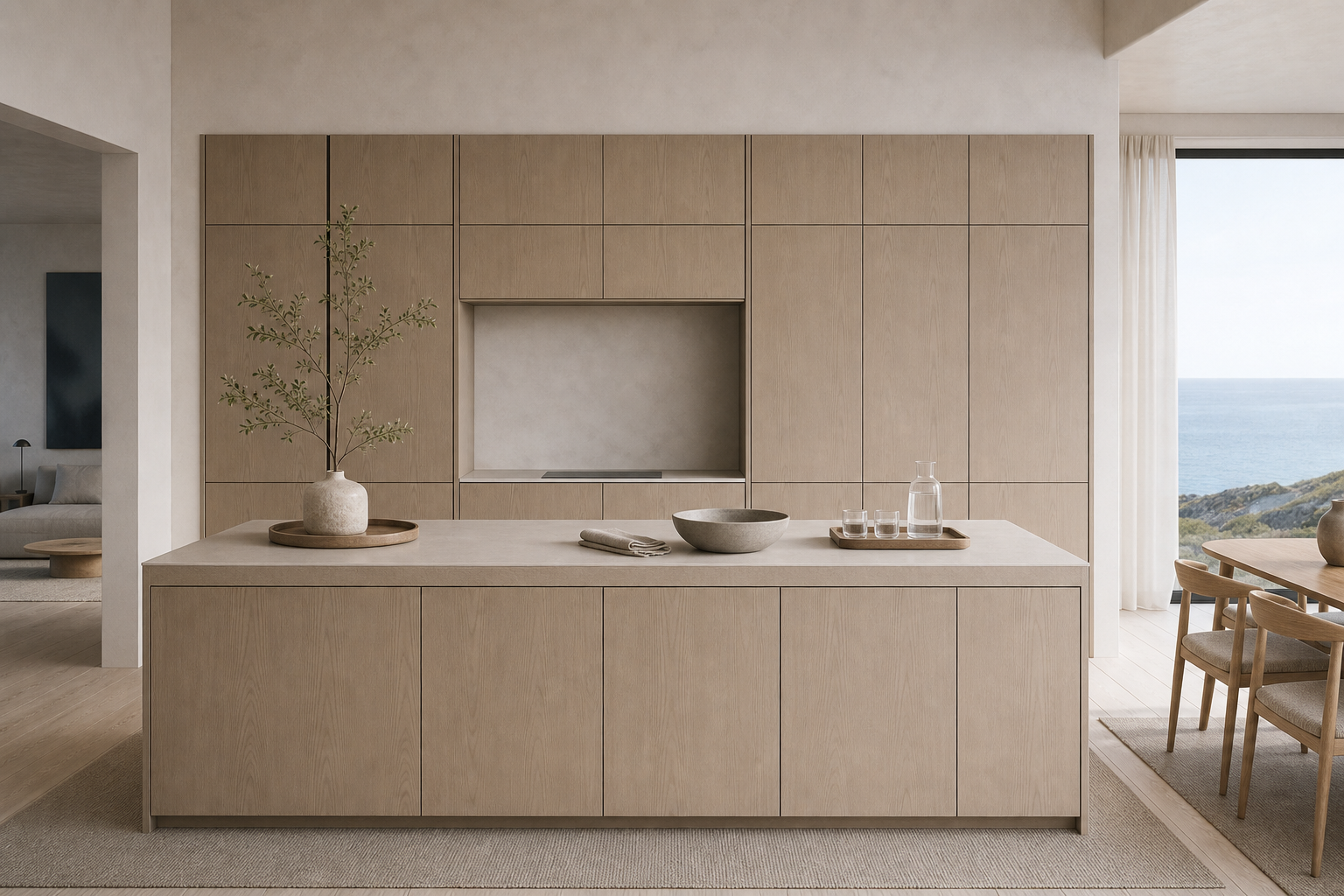 Fadior Solace Kitchen Suite with Cold-Finished Hearth Island — lifestyle setting with natural light and residential styling