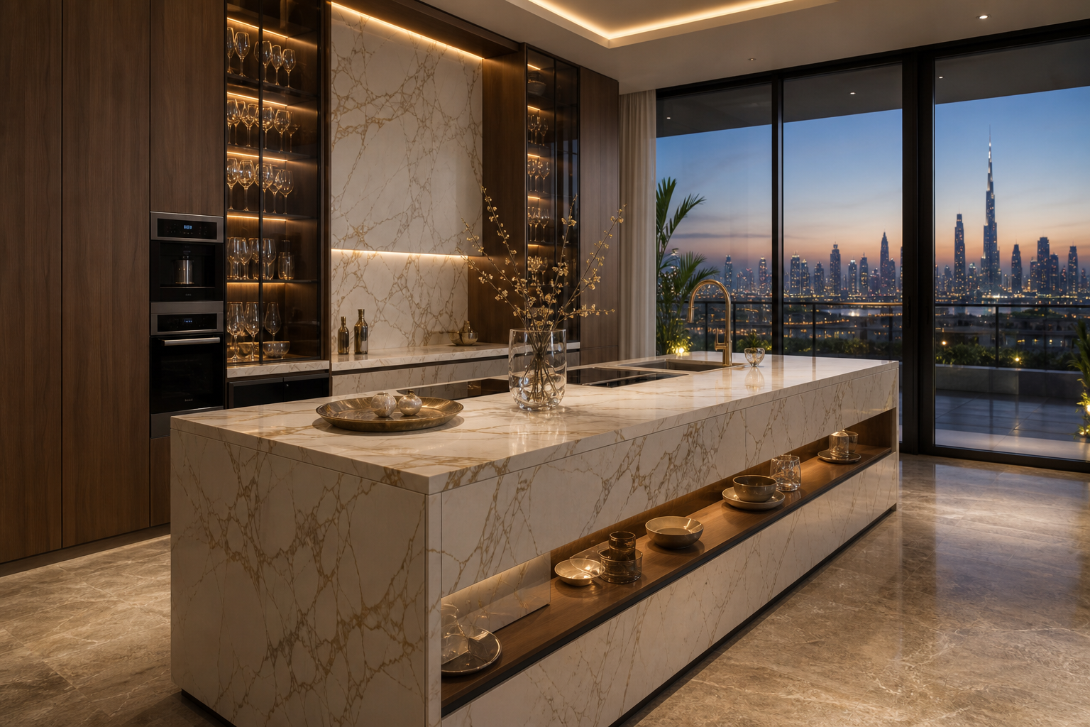 Fadior Dubai 180 sqm Kitchen Bath Penthouse — Dubai kitchen workspace with marble island, flush cooking surface, sink,