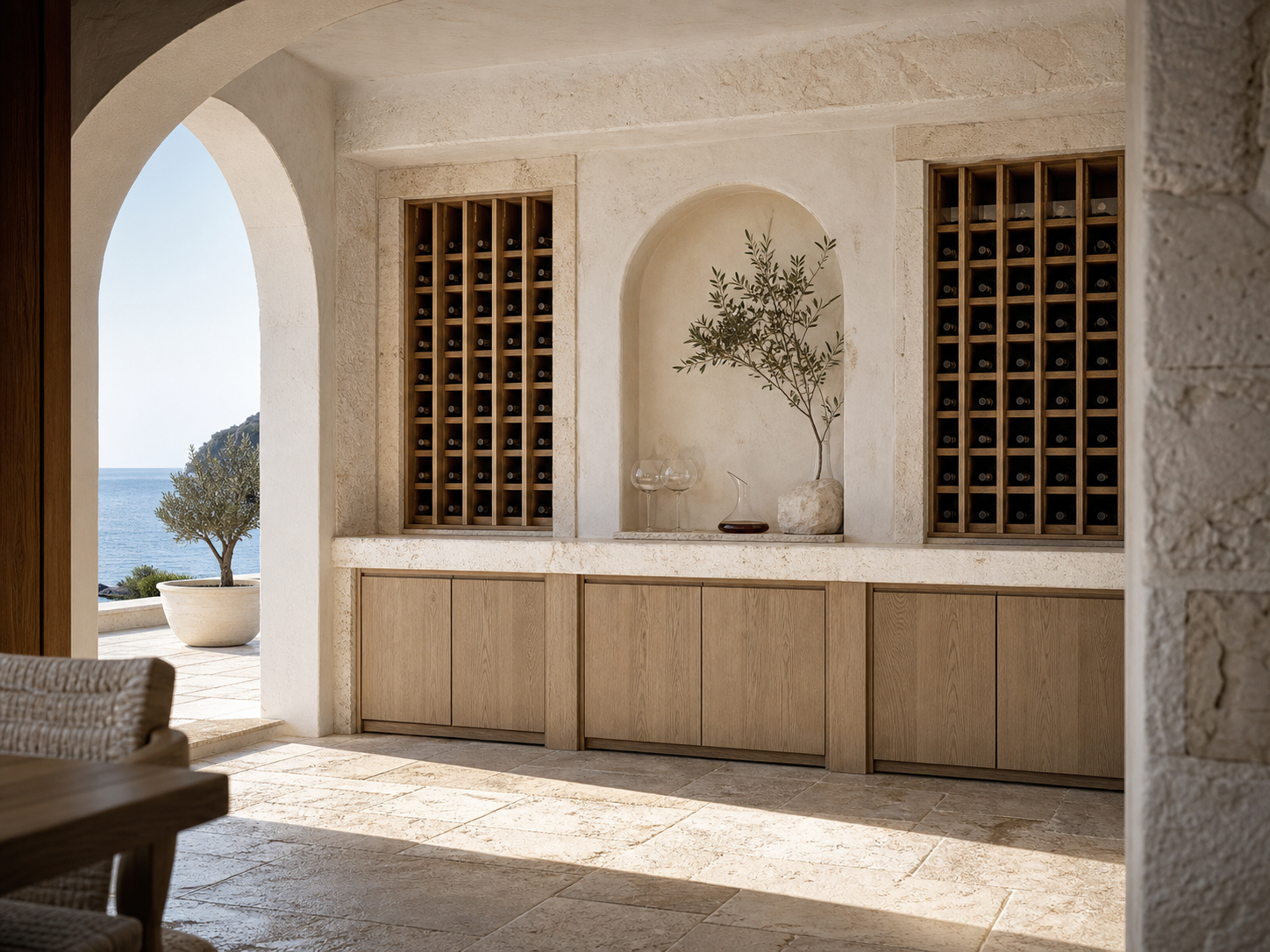 Fadior Estuary Wine Cabinet Suite with Cove Decanting Niche — interior room context showing cabinet integration