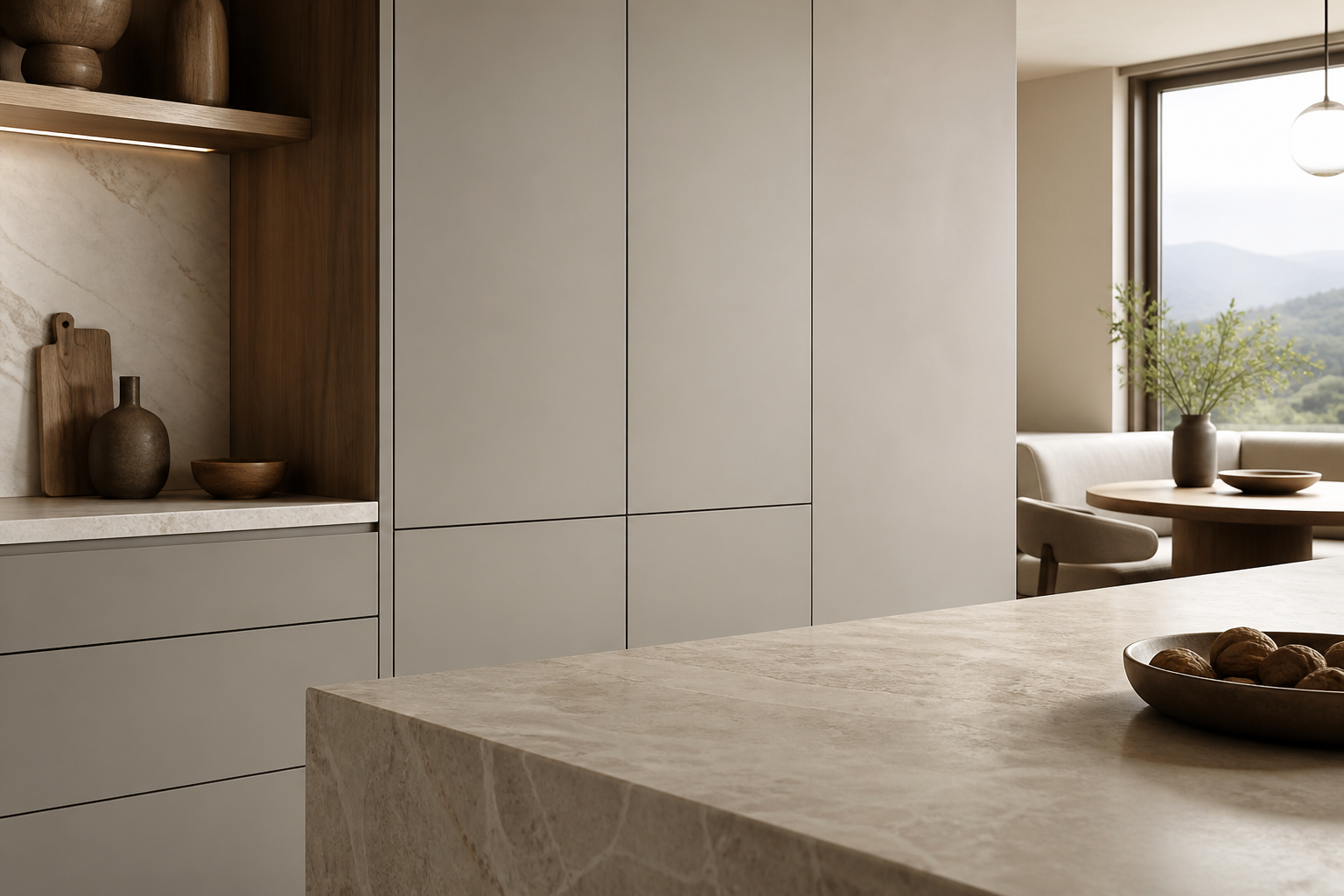 Fadior Silkstone Kitchen Suite with Flush Pantry Axis — close-up of stainless steel finish and hardware detail