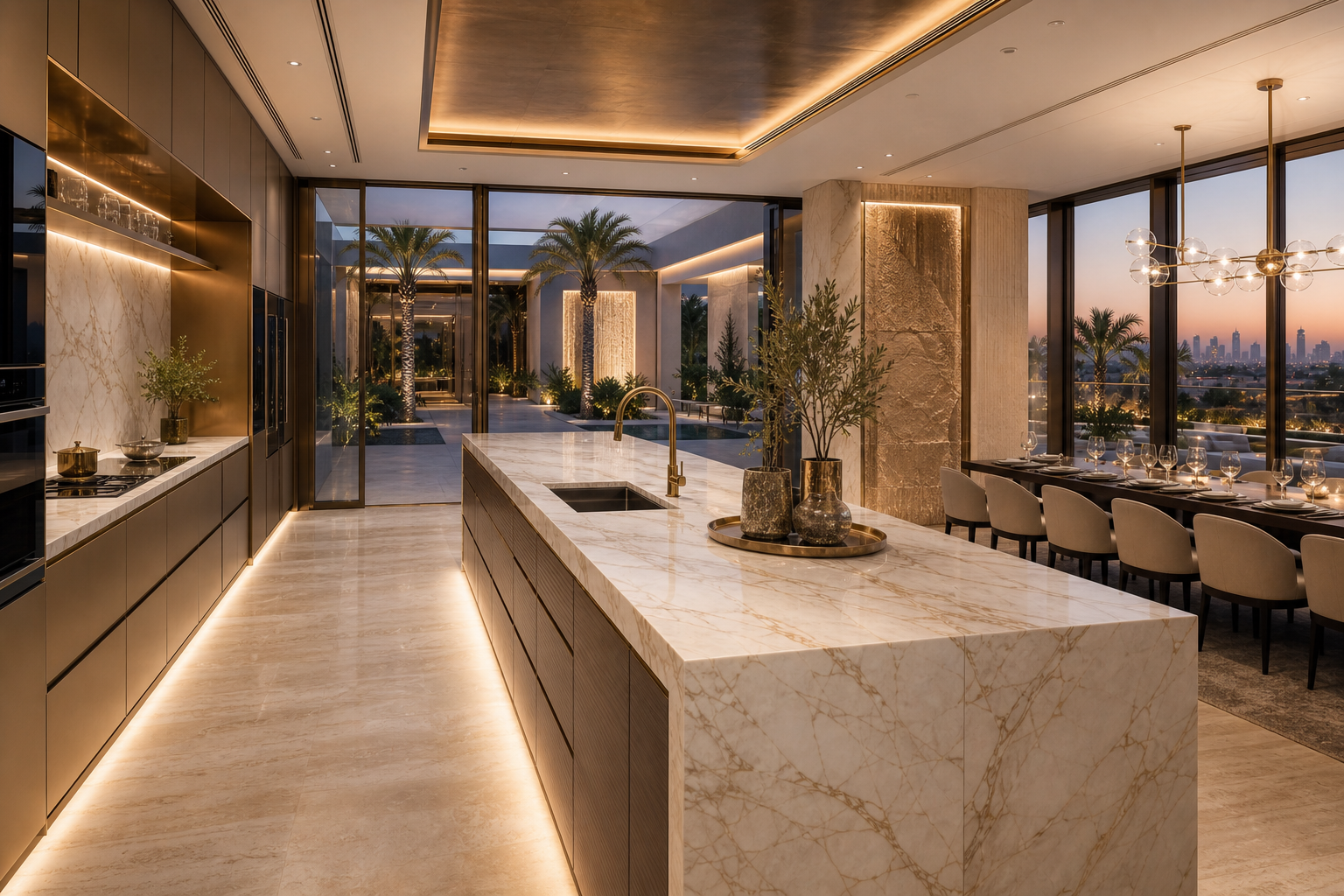 Fadior Doha Garden Courtyard Villa — marble counter, sink deck, champagne cabinet wall, plant, courtyard glass