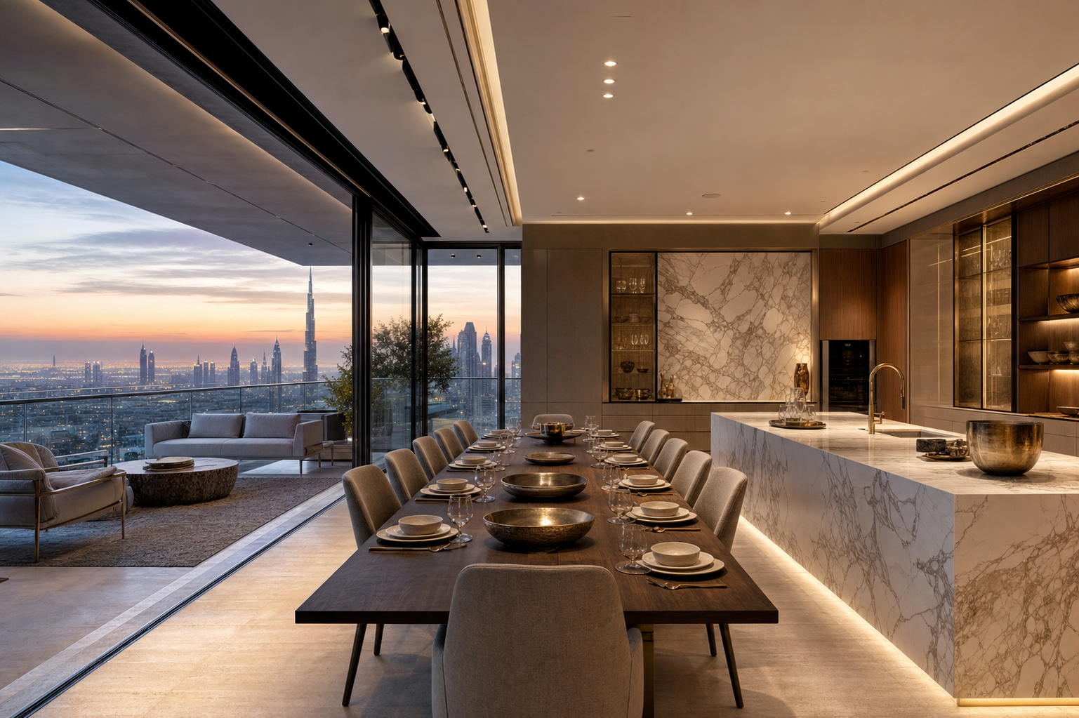 Fadior Dubai 250 sqm Kitchen Penthouse — Dubai dining setup with kitchen island, long table, serving bowls, place settings, terrace sofa, skyline glazing, and marble counter