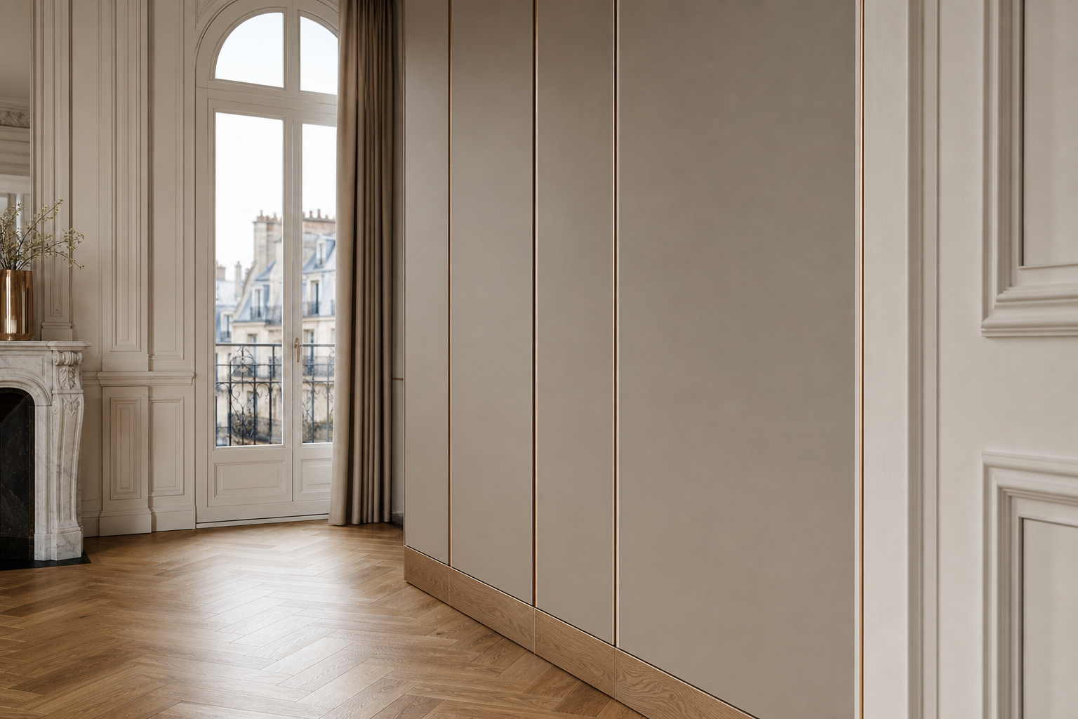 Fadior Terrazzo Wall Panel Suite with Clay Reveal Passage Wall — close-up of stainless steel finish and hardware detail