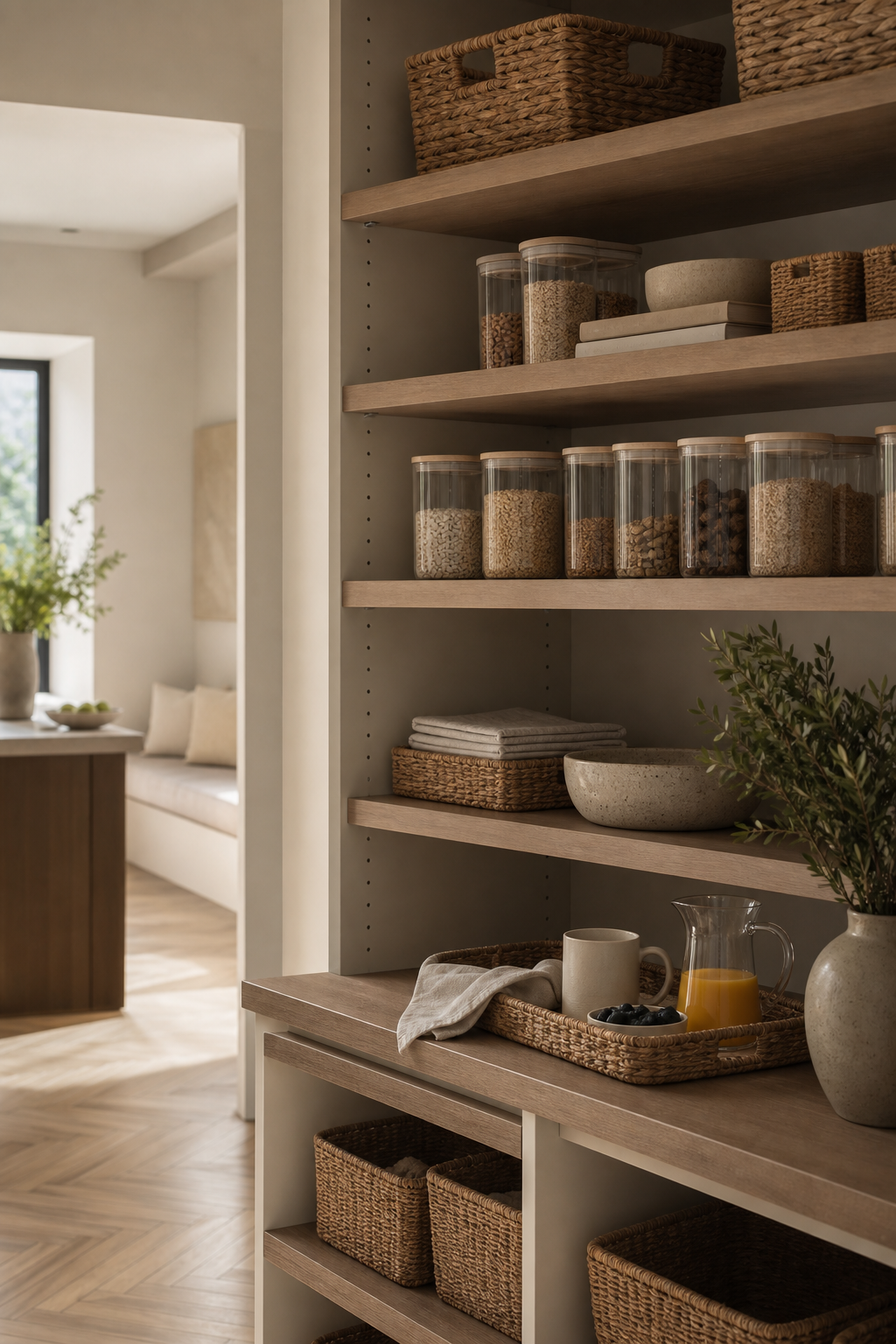 Orderly modern pantry with adjustable shelves, baskets, and a breakfast tray