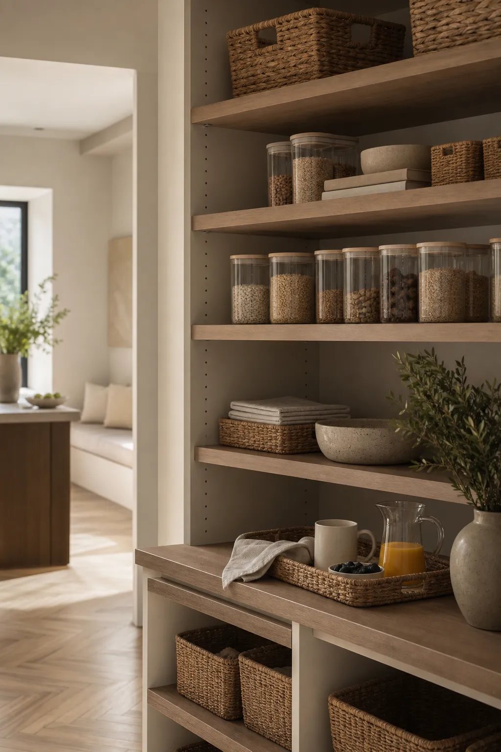 Orderly modern pantry with adjustable shelves, baskets, and a breakfast tray
