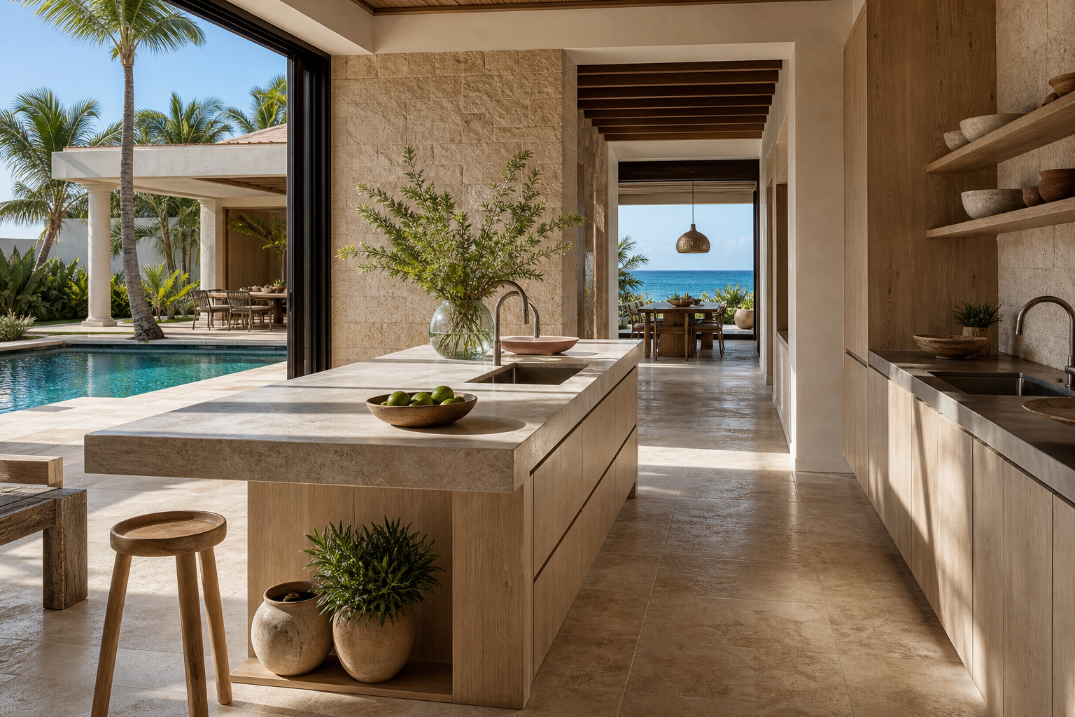 Fadior Miami Garden Courtyard Villa — Miami kitchen workspace with stone island, sink, wood cabinets, palm trees, pool terrace, travertine floor, bowl of limes, and ocean dining view
