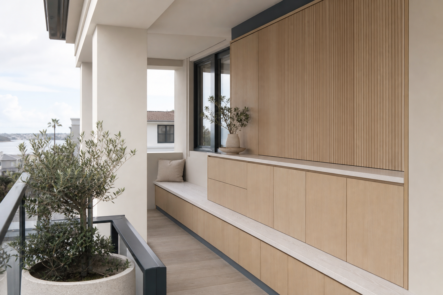 Fadior Aurora Balcony Suite with Tambour Breakfast Screen — interior room context showing cabinet integration
