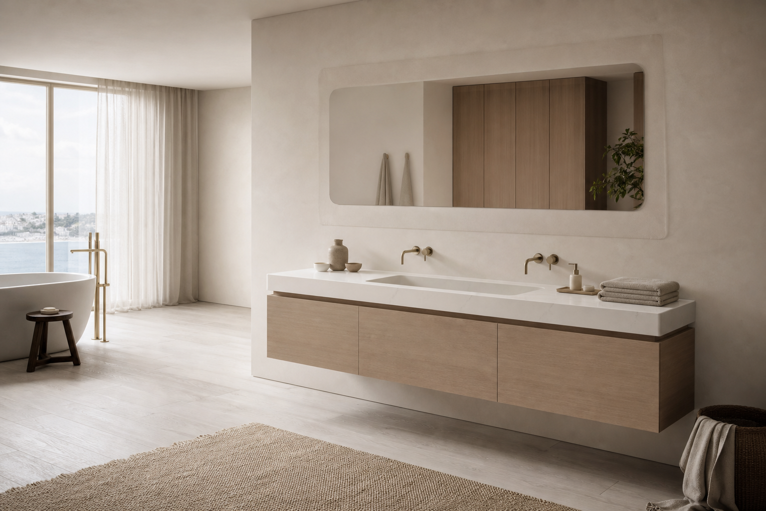 Fadior Nacre Bath and Vanity Suite with Pearl Sill Basin Console — lifestyle setting with natural light and residential