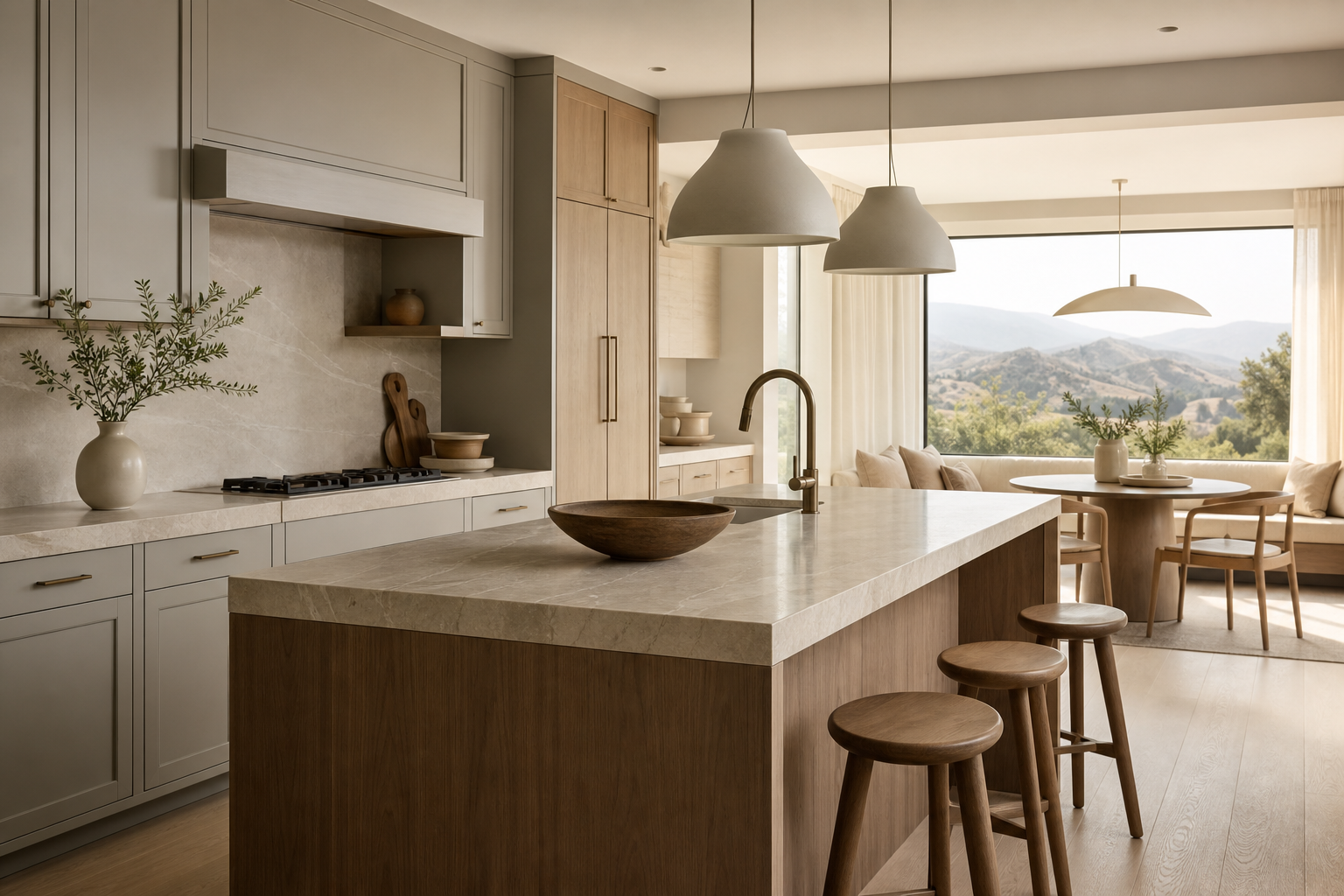 Material mood study with warm grey cabinet fronts, pale stone, walnut, oak, and soft linen samples.