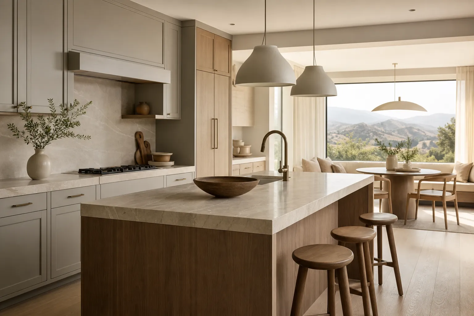 Material mood study with warm grey cabinet fronts, pale stone, walnut, oak, and soft linen samples.