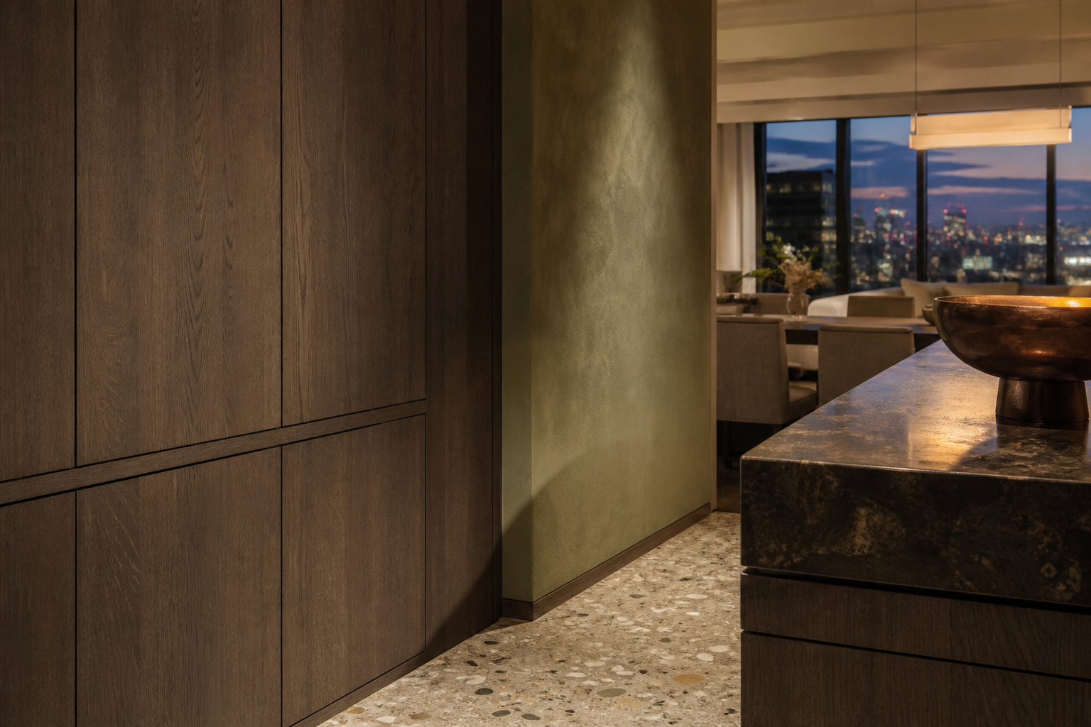 Fadior London 80 sqm Kitchen Penthouse — Fadior London material setting — oak panel, terrazzo floor, plaster wall,