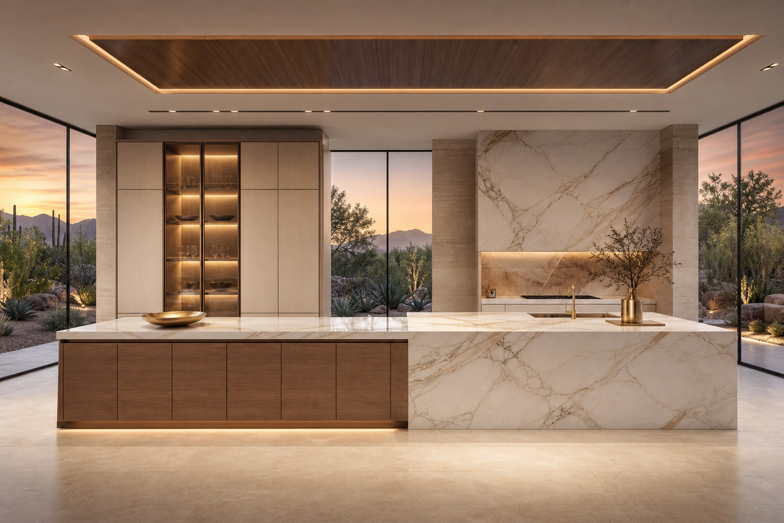 Premium kitchen planning scene comparing storage wall and prep zone without labels.