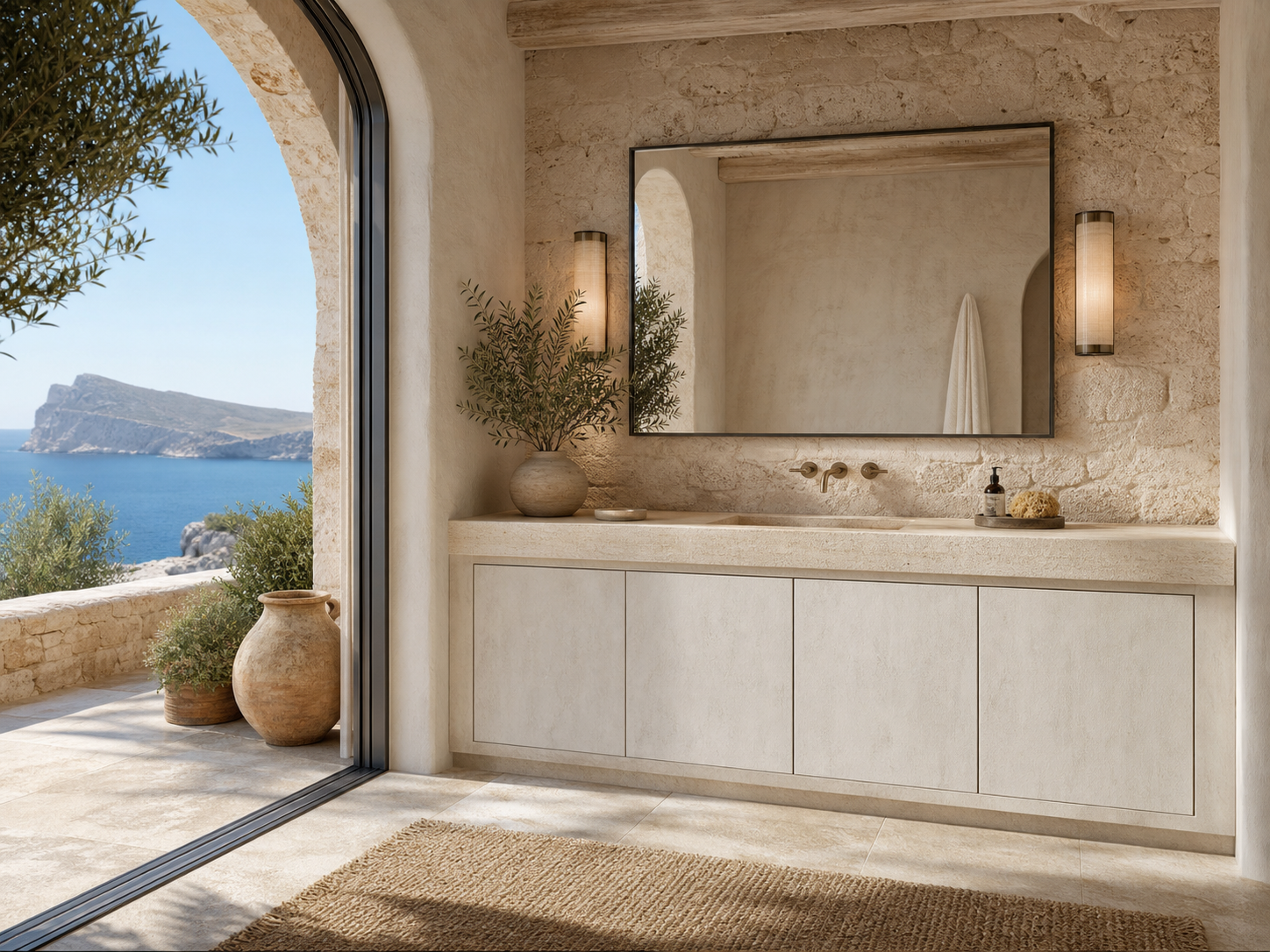 Fadior Solstice Bath and Vanity Suite with Travertine Halo Powder Console — interior room context showing cabinet integration