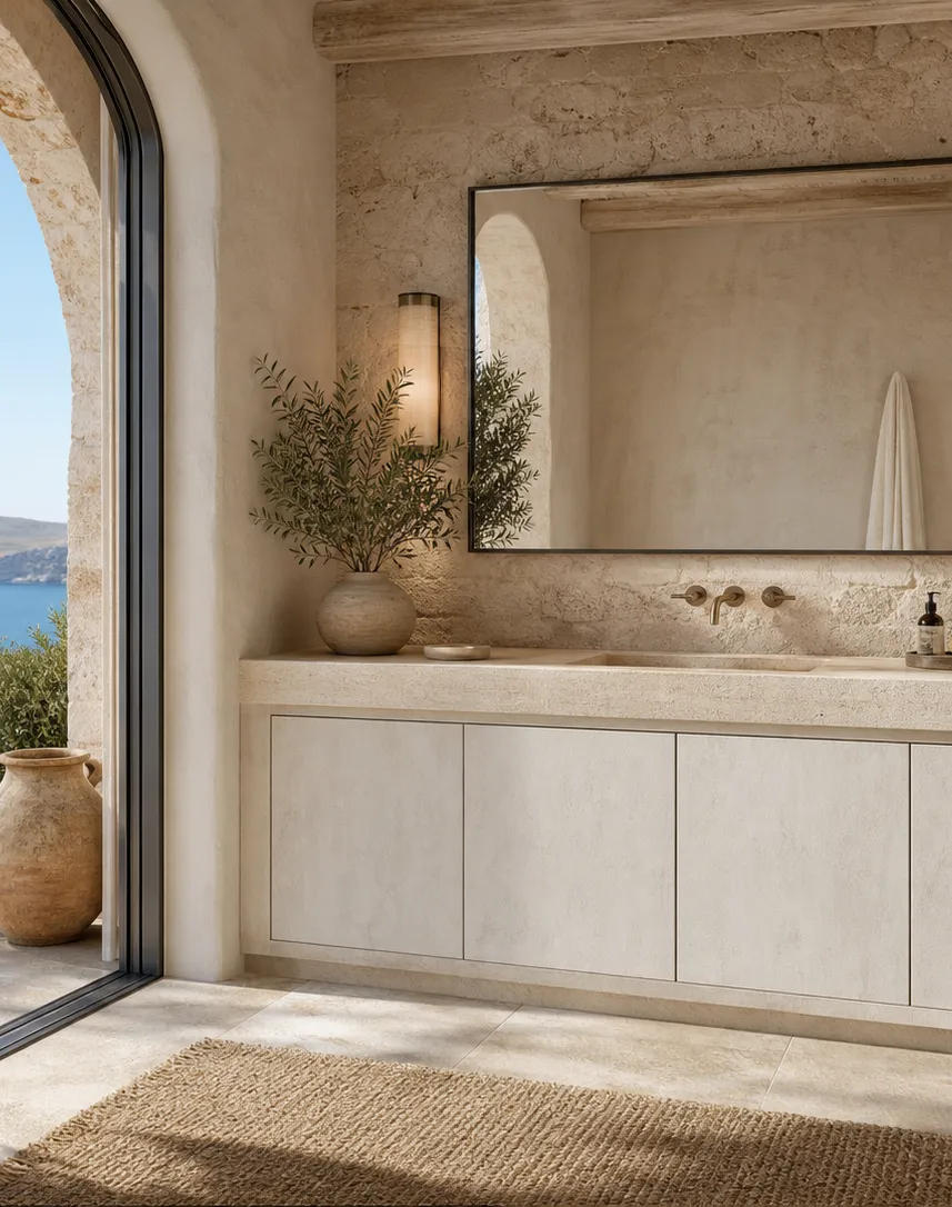 Suite de Baño y Tocador Solstice con Mueble Auxiliar Travertine Halo perspectiva interior