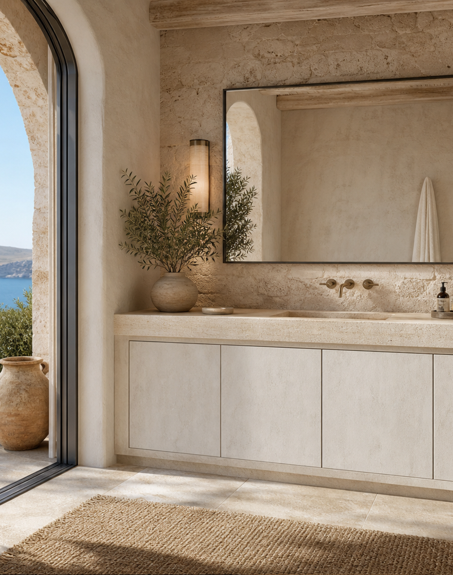 Fadior Solstice Bath and Vanity Suite with Travertine Halo Powder Console — interior room context showing cabinet integration